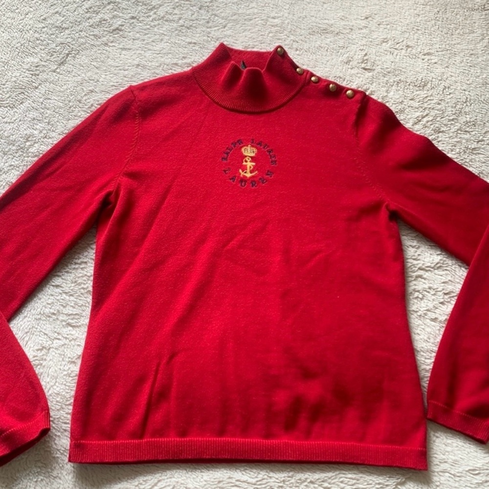 Red Turtleneck Sweater with Button Detail